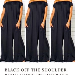 Brand new Boho Off the Shoulder Black Jumpsuit, with pockets and wild legs.
